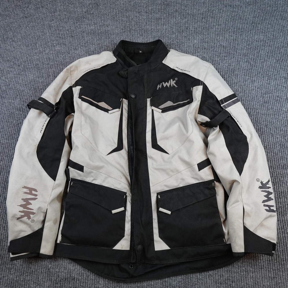 HWK Motorcycle Jacket Mens Medium Black White Padded Reflective Riding Jacket